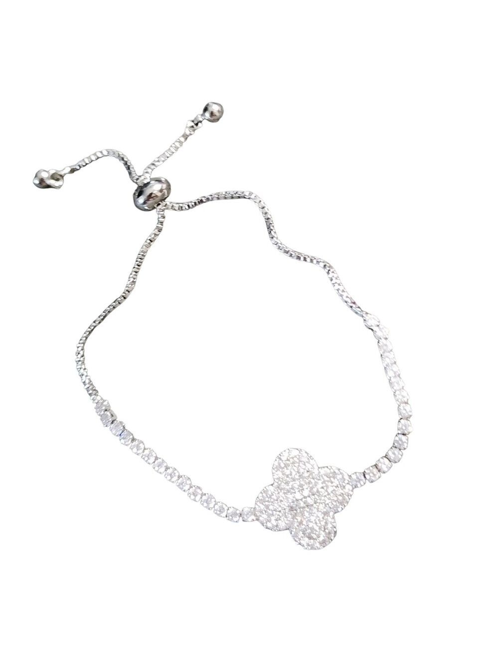 Pave' Crystal Clover Adjustable Silvertone Bracelet